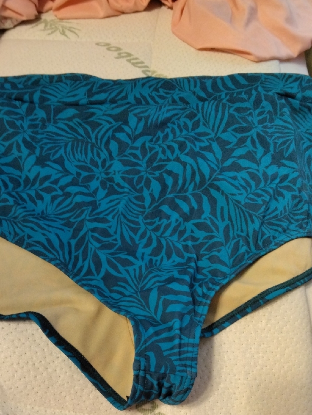 Teal Palm Print High Waist Boyshort  Swim Bottom